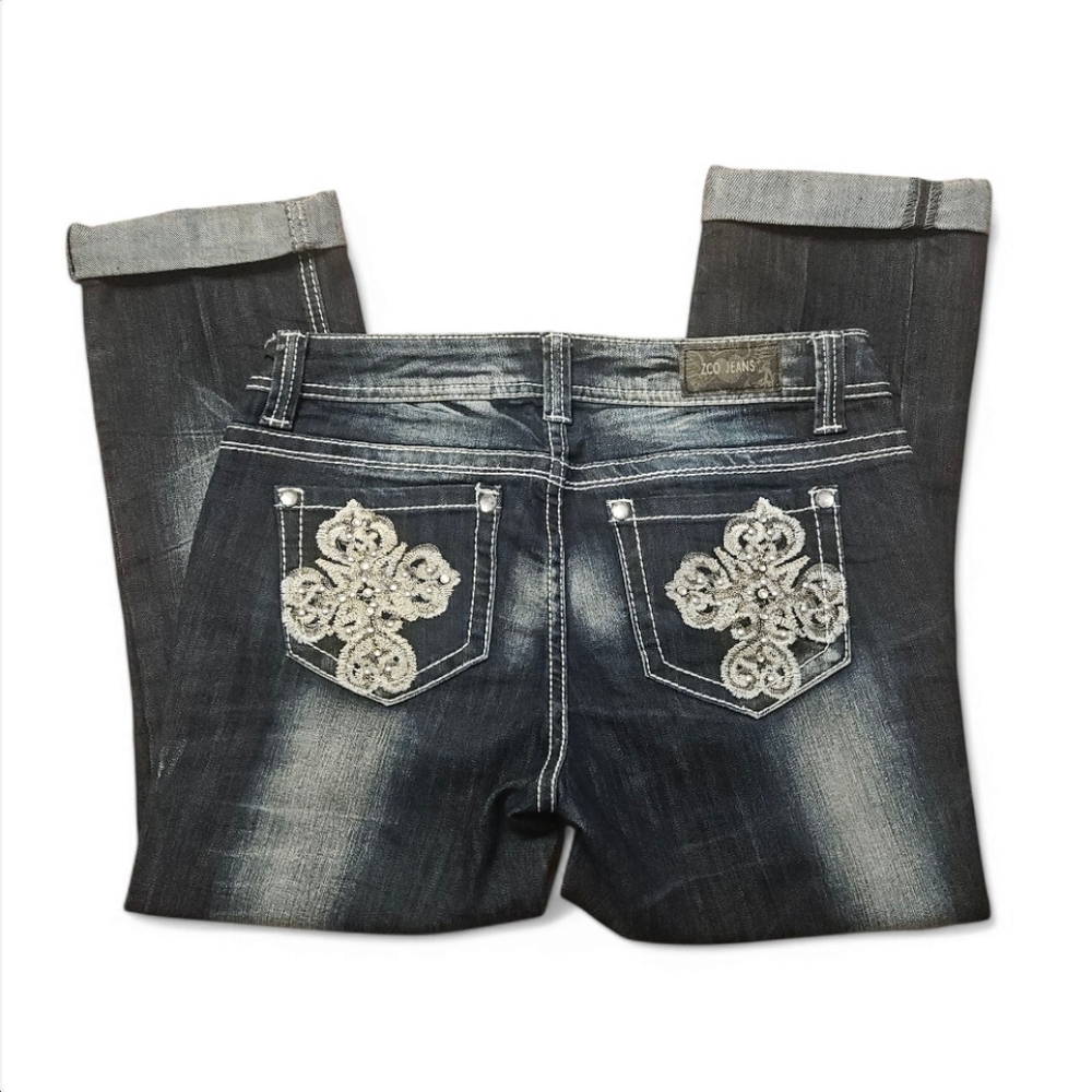 ZCO Jeans Embellished Embroidered Rhinestone Capri Crop Jeans‎ Strecth 9 Junior